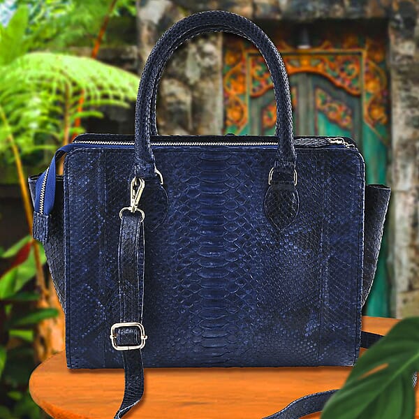 The Pelle Collection Blue 100% Genuine Python Leather Tote Bag For Women Satchel Purse Shoulder Handbag Designer Tote Bag