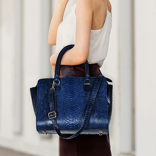The Pelle Collection Blue 100% Genuine Python Leather Tote Bag For Women Satchel Purse Shoulder Handbag Designer Tote Bag