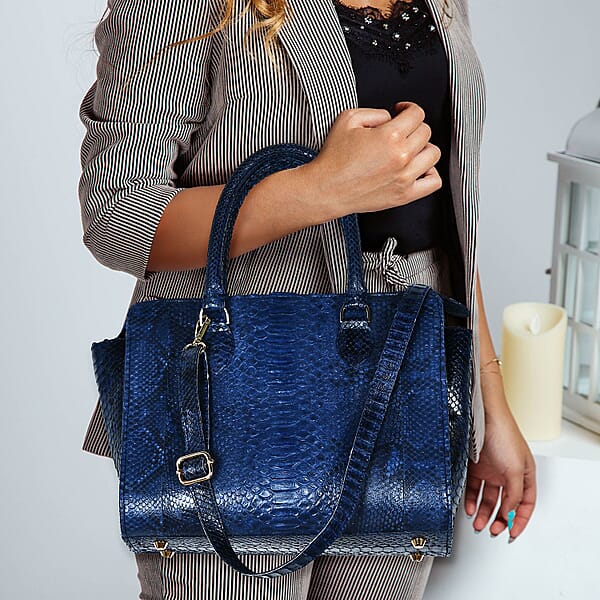 The Pelle Collection Blue 100% Genuine Python Leather Tote Bag For Women Satchel Purse Shoulder Handbag Designer Tote Bag