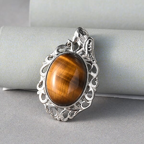 Tiger's Eye 13.90 Ctw Fancy Pendant Without Chain In Platinum Over Copper With Magnet