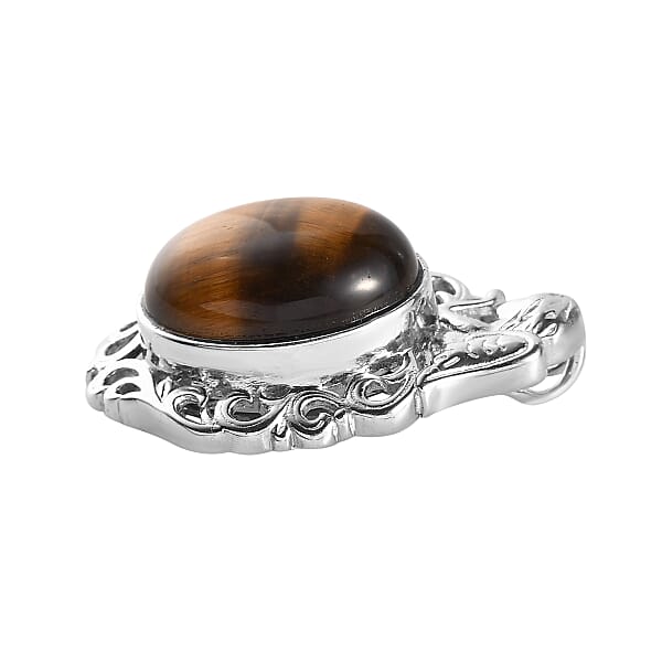 Tiger's Eye 13.90 Ctw Fancy Pendant Without Chain In Platinum Over Copper With Magnet