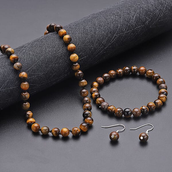 Tiger's Eye 281.50 Ctw Beaded Stretch Bracelet Earrings And Necklace Set In Sterling Silver (18.00 In)