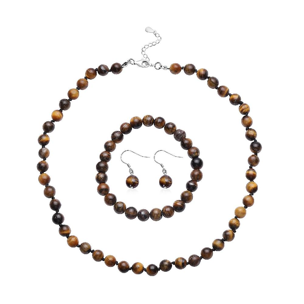 Tiger's Eye 281.50 ctw Beaded Stretch Bracelet Earrings and Necklace Set in Sterling Silver (18.00 In)