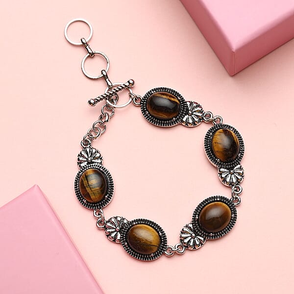 Tiger's Eye 42.00 Ctw Toggle Clasp Bracelet In Black Oxidized Silvertone (8.00 In)