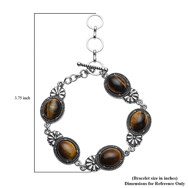 Tiger's Eye 42.00 Ctw Toggle Clasp Bracelet In Black Oxidized Silvertone (8.00 In)