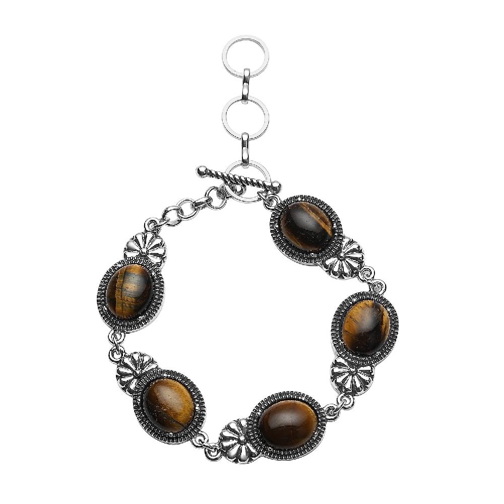 Tiger's Eye 42.00 ctw Toggle Clasp Bracelet in Black Oxidized Silvertone (8.00 In)