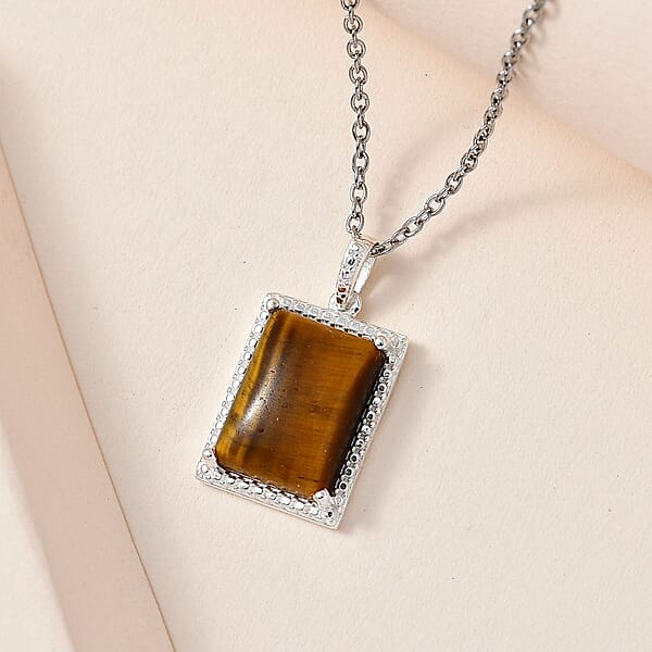 Tiger's Eye 7.90 Ctw Solitaire Pendant In Sterling Silver With Stainless Steel Necklace 20 Inches