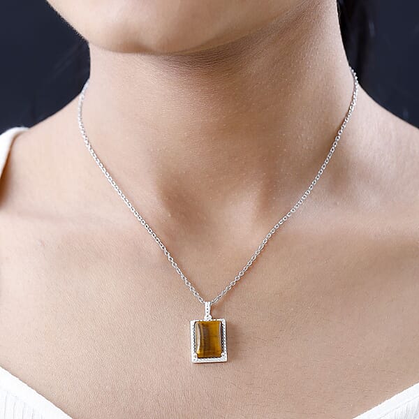 Tiger's Eye 7.90 Ctw Solitaire Pendant In Sterling Silver With Stainless Steel Necklace 20 Inches