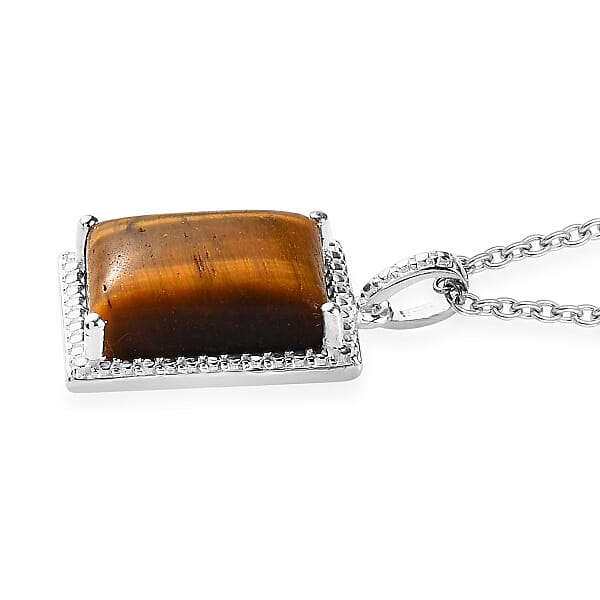 Tiger's Eye 7.90 Ctw Solitaire Pendant In Sterling Silver With Stainless Steel Necklace 20 Inches