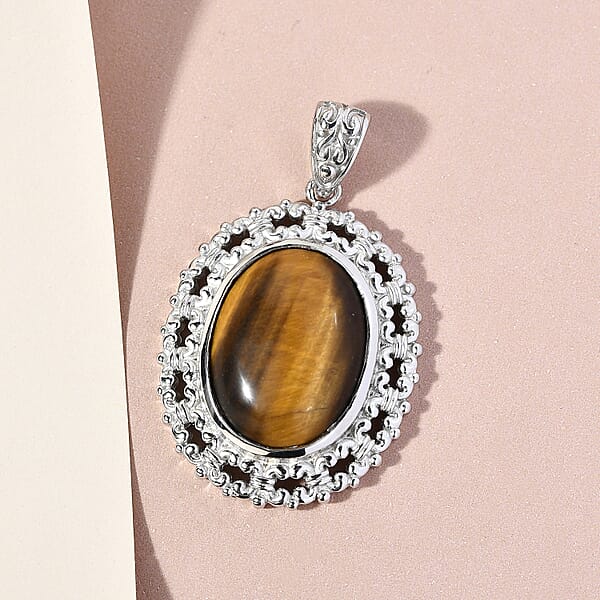 Tiger's Eye Solitaire Pendant Without Chain In Platinum Over Copper With Magnet 15.75 Ctw
