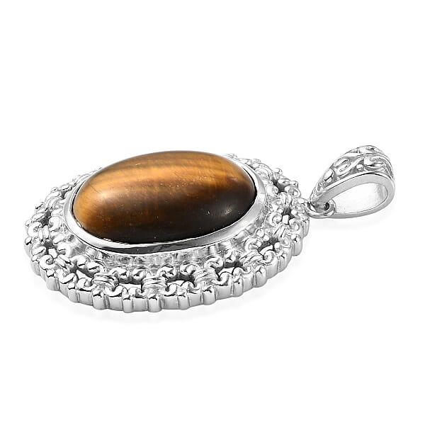Tiger's Eye Solitaire Pendant Without Chain In Platinum Over Copper With Magnet 15.75 Ctw