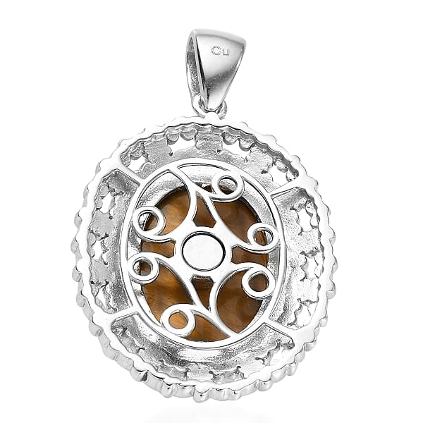 Tiger's Eye Solitaire Pendant Without Chain In Platinum Over Copper With Magnet 15.75 Ctw