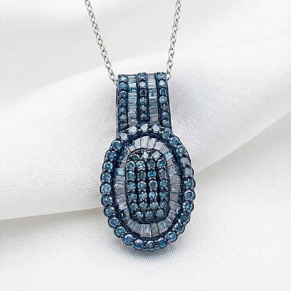 TLV D'Joy Blue Diamond 1.00 Ctw Cocktail Cluster Pendant Necklace In Rhodium Over Sterling Silver 20 Inches