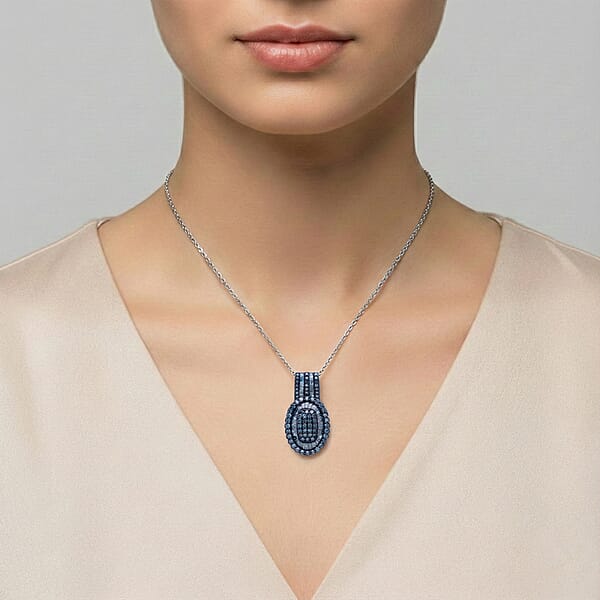 TLV D'Joy Blue Diamond 1.00 Ctw Cocktail Cluster Pendant Necklace In Rhodium Over Sterling Silver 20 Inches