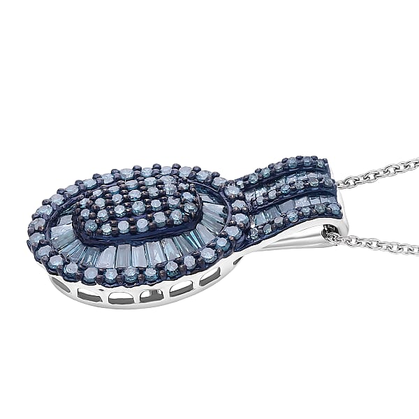 TLV D'Joy Blue Diamond 1.00 Ctw Cocktail Cluster Pendant Necklace In Rhodium Over Sterling Silver 20 Inches