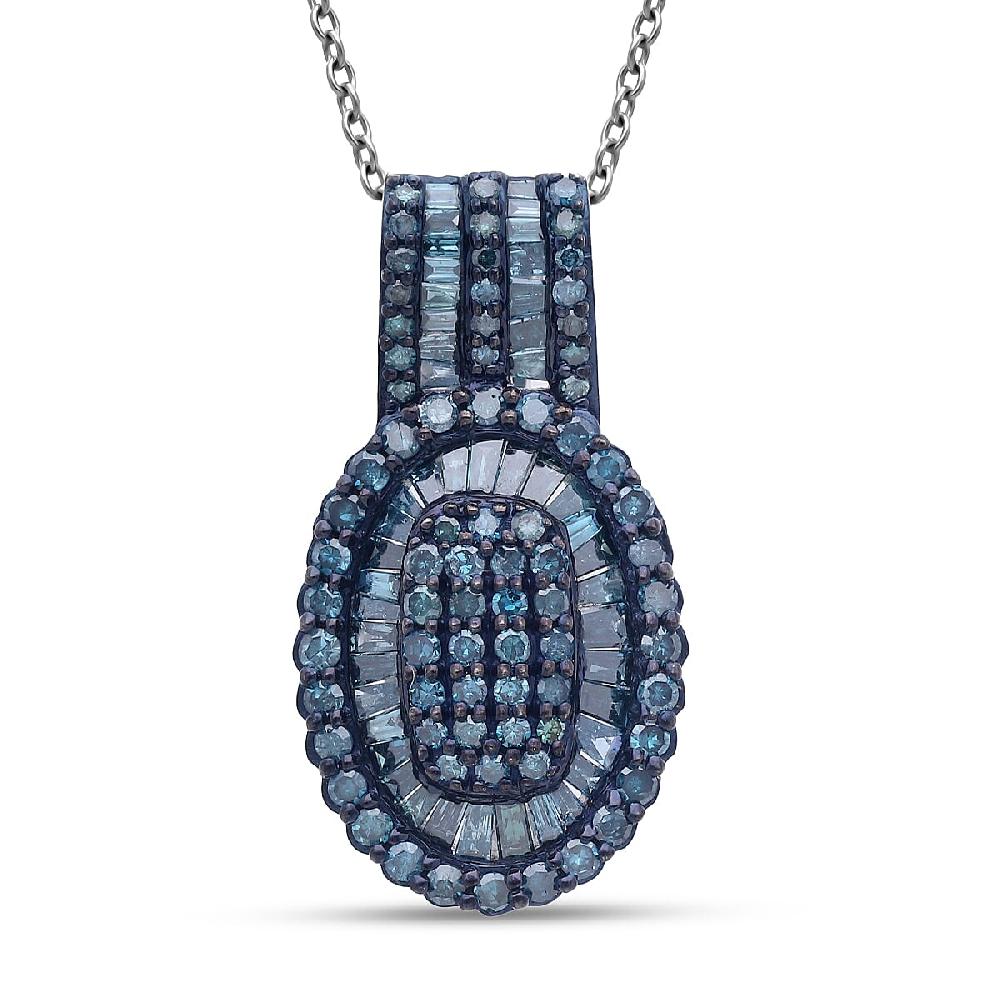 TLV D'Joy Blue Diamond 1.00 ctw Cocktail Cluster Pendant Necklace in Rhodium Over Sterling Silver 20 Inches