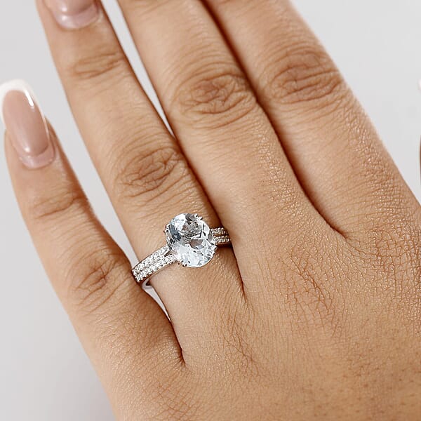 TLV Luxoro 10K White Gold Premium Mangoro Aquamarine Diamond (G-H I2) (0.30 Cts) Ring 3.50 Ctw