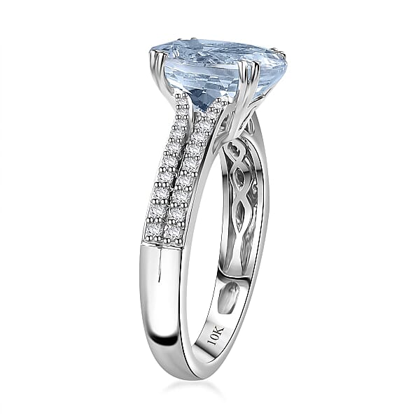TLV Luxoro 10K White Gold Premium Mangoro Aquamarine Diamond (G-H I2) (0.30 Cts) Ring 3.50 Ctw