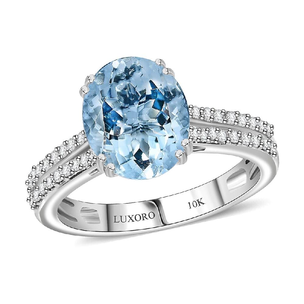TLV Luxoro 10K White Gold Premium Mangoro Aquamarine Diamond (G-H I2) (0.30 cts) Ring 3.50 ctw