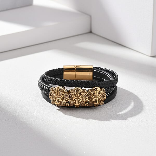 Triple Lion Head Microfiber Leather Bracelet In ION Plated YG Stainless Steel (8.00 In)