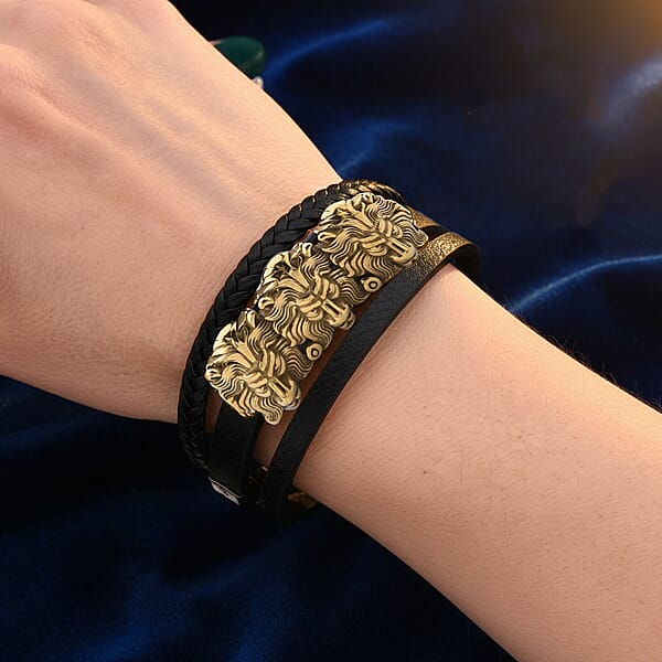 Triple Lion Head Microfiber Leather Bracelet In ION Plated YG Stainless Steel (8.00 In)