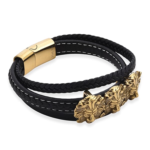 Triple Lion Head Microfiber Leather Bracelet In ION Plated YG Stainless Steel (8.00 In)