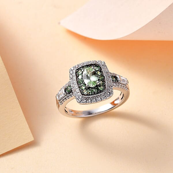 Tsavorite Garnet And White Zircon 1.50 Ctw Ocean Glimmer Ring In Rhodium Over Sterling Silver