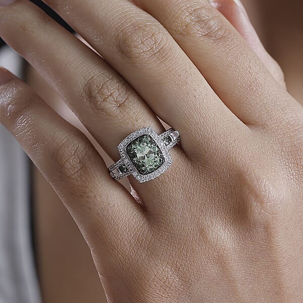 Tsavorite Garnet And White Zircon 1.50 Ctw Ocean Glimmer Ring In Rhodium Over Sterling Silver