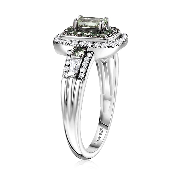Tsavorite Garnet And White Zircon 1.50 Ctw Ocean Glimmer Ring In Rhodium Over Sterling Silver