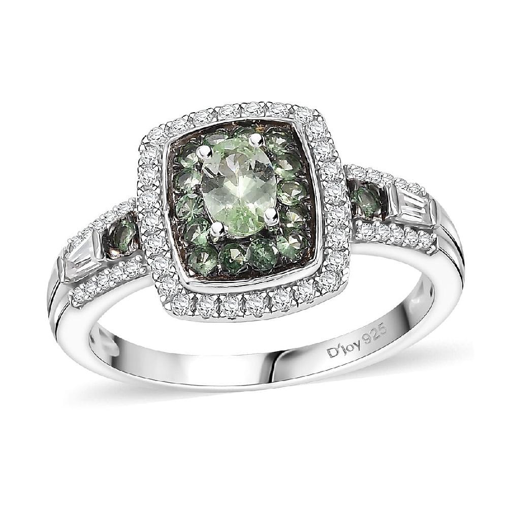 Tsavorite Garnet and White Zircon 1.50 ctw Ocean Glimmer Ring in Rhodium Over Sterling Silver