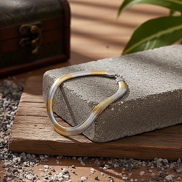 Two-tone Flat Snake Chain Bracelet (7.5-9.5In) In ION Plated YG And Stainless Steel