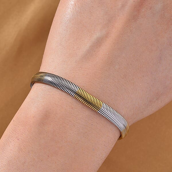 Two-tone Flat Snake Chain Bracelet (7.5-9.5In) In ION Plated YG And Stainless Steel