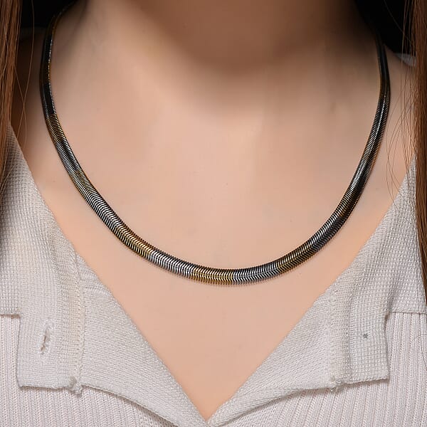 Two-tone Flat Snake Chain Necklace In ION Plated YG And Stainless Steel 20-22 Inches
