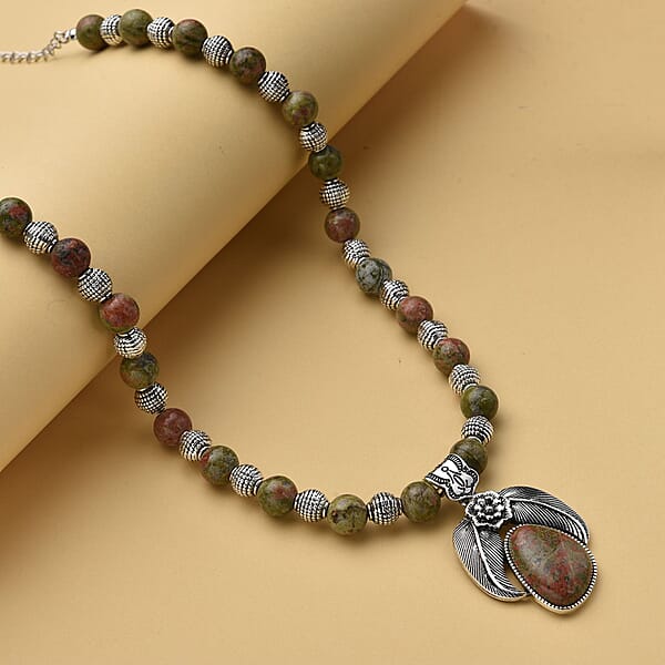 Unakite Beaded Necklace In Black Oxidized Silvertone Floral Pendant Flower Necklace 250.00 Ctw