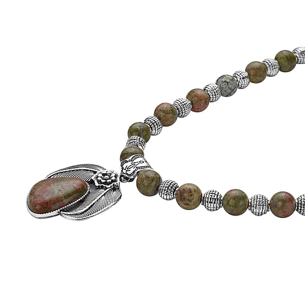 Unakite Beaded Necklace In Black Oxidized Silvertone Floral Pendant Flower Necklace 250.00 Ctw