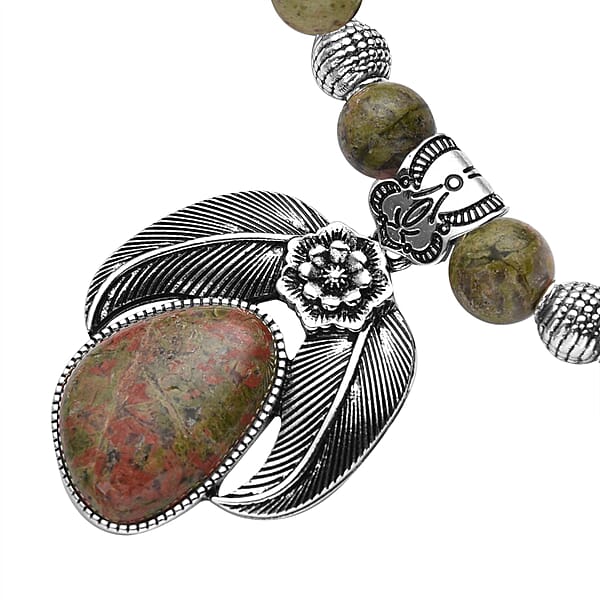 Unakite Beaded Necklace In Black Oxidized Silvertone Floral Pendant Flower Necklace 250.00 Ctw