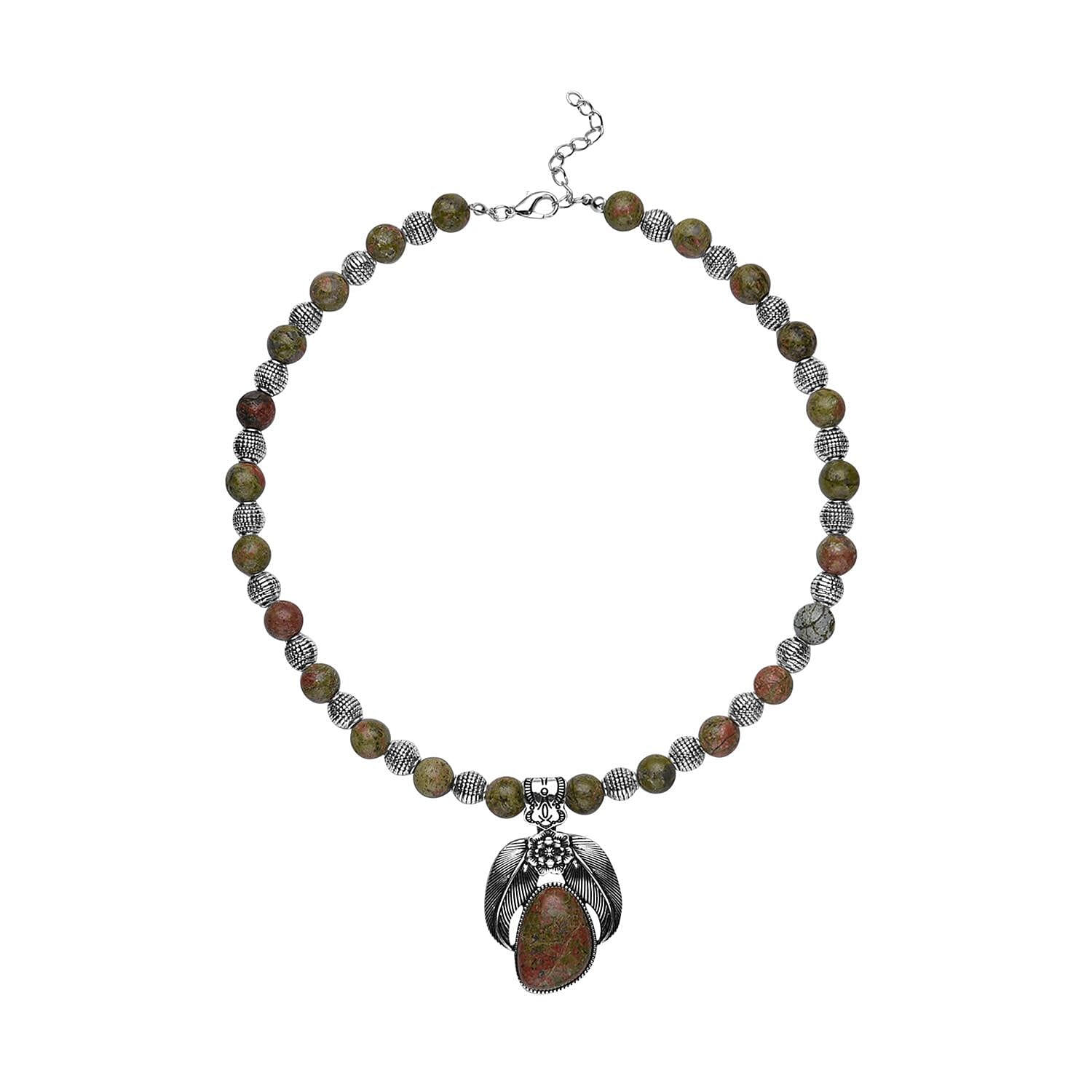 Unakite Beaded Necklace in Black Oxidized Silvertone Floral Pendant Flower Necklace 250.00 ctw