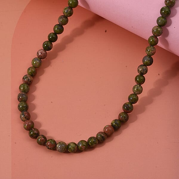 Unakite Beaded Necklace With Magnetic Lock In Sterling Silver 155.00 Ctw (18 Inches)