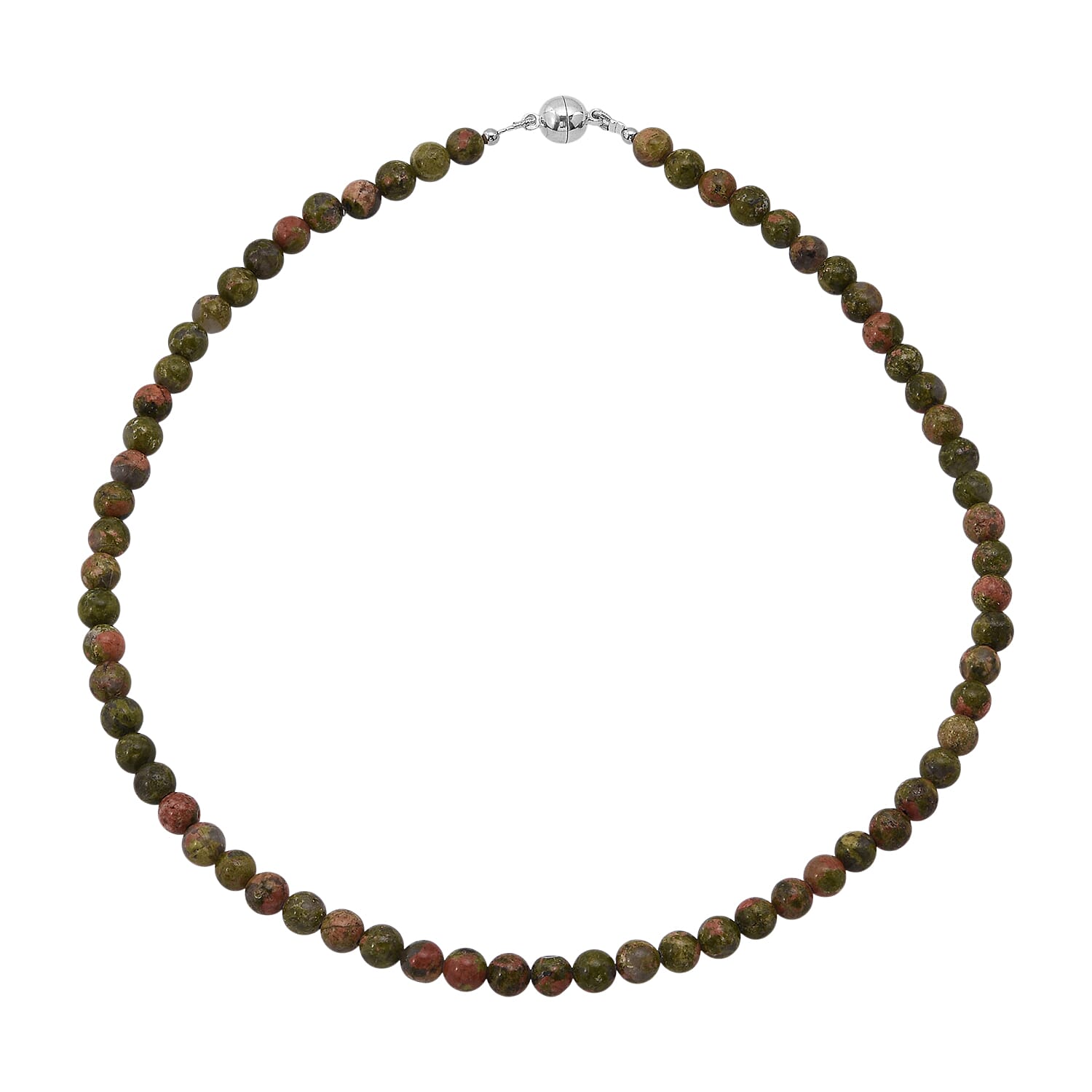 Unakite Beaded Necklace with Magnetic Lock in Sterling Silver 155.00 ctw (18 Inches)