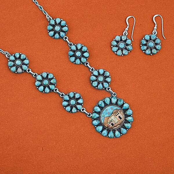 Valentine Special Deal 2 Piece Set - Santa Fe Style Kingman Turquoise Multi Gemstone Necklace (20 Inches) And Earrings In Sterling Silver 15.20 Ctw