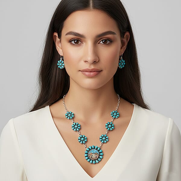 Valentine Special Deal 2 Piece Set - Santa Fe Style Kingman Turquoise Multi Gemstone Necklace (20 Inches) And Earrings In Sterling Silver 15.20 Ctw