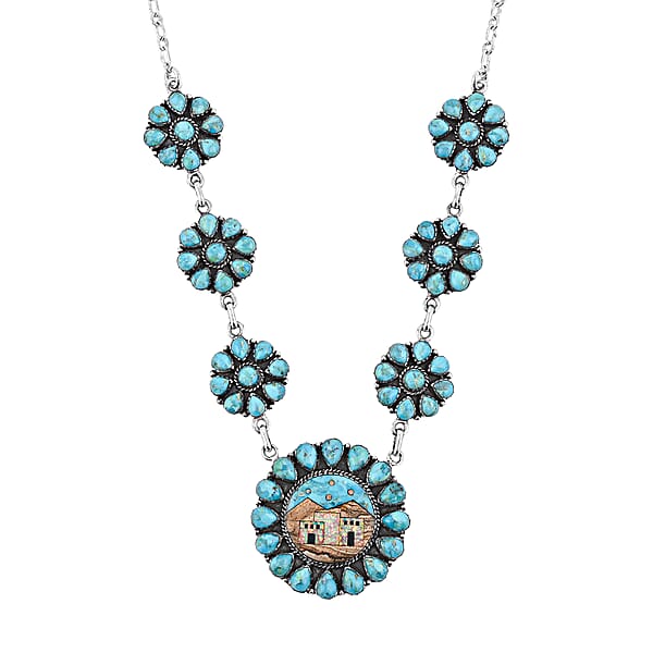 Valentine Special Deal 2 Piece Set - Santa Fe Style Kingman Turquoise Multi Gemstone Necklace (20 Inches) And Earrings In Sterling Silver 15.20 Ctw
