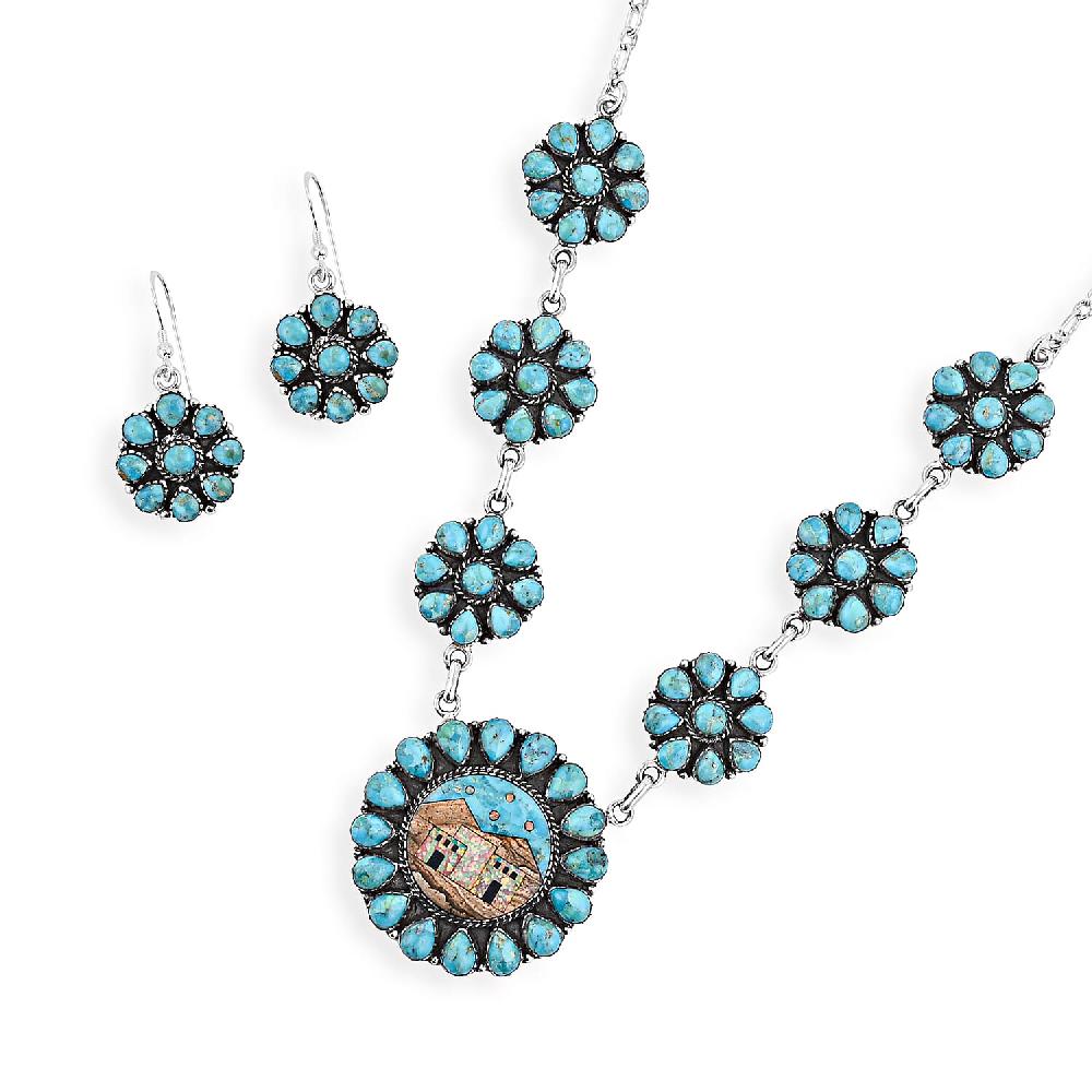 Valentine Special Deal 2 Piece Set - Santa Fe Style Kingman Turquoise Multi Gemstone Necklace (20 Inches) and Earrings in Sterling Silver 15.20 ctw