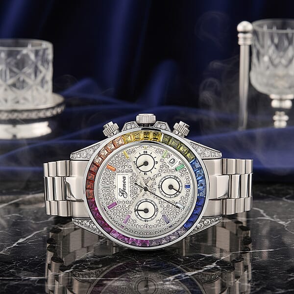 Valentine Special Deal Genoa Simulated Multi Diamond Japanese Movement Rainbow Multifunction Watch In Silvertone 2.00 Ctw