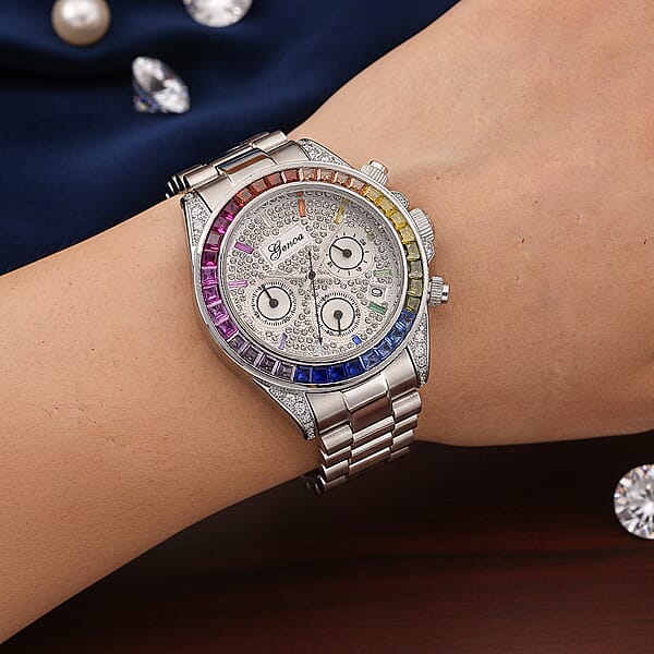 Valentine Special Deal Genoa Simulated Multi Diamond Japanese Movement Rainbow Multifunction Watch In Silvertone 2.00 Ctw