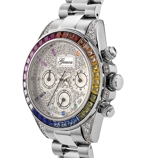 Valentine Special Deal Genoa Simulated Multi Diamond Japanese Movement Rainbow Multifunction Watch In Silvertone 2.00 Ctw