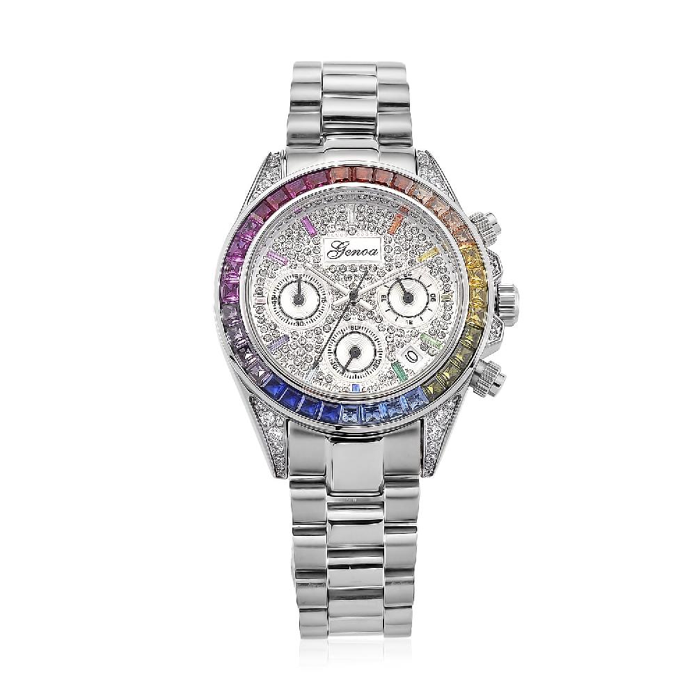 Valentine Special Deal Genoa Simulated Multi Diamond Japanese movement Rainbow Multifunction Watch in Silvertone 2.00 ctw