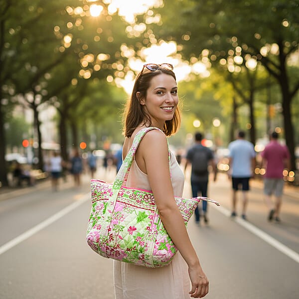 Vegas Closeout OK Pink & Green Floral Quilted Shoulder Bag