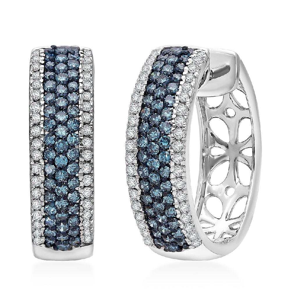 Venice Blue Diamond I1-I2 and Diamond 1.00 ctw Hoop Earrings in Platinum Over Sterling Silver