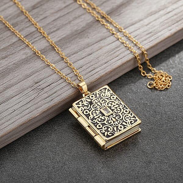 Vintage Book Pendant Necklace In ION Plated YG Stainless Steel 20-22 Inches